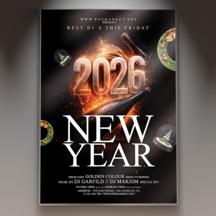 A professional New Year 2026 Flyer PSD Template featuring champagne glasses and vibrant fireworks or sparkling lights in the background, with the year '2026' boldly emphasized, conveying a major, futuristic New Year's Eve celebration.