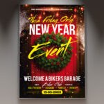 A professional New Year Event Club Flyer PSD Template featuring a dynamic scene with intense club lighting, abstract light bursts, and confetti, conveying a high-energy NYE dance party atmosphere.