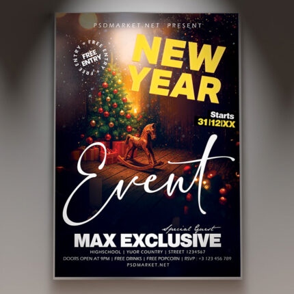 A professional New Year Event Flyer PSD Template featuring champagne glasses clinking and vibrant fireworks or sparkling lights in the background, conveying a glamorous and high-energy celebration for the new year.