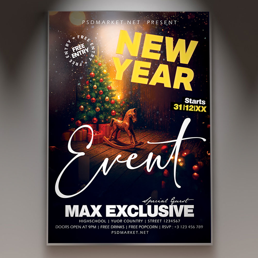 new-year-event-flyer-psd-template-1 A professional New Year Event Flyer PSD Template featuring champagne glasses clinking and vibrant fireworks or sparkling lights in the background, conveying a glamorous and high-energy celebration for the new year.