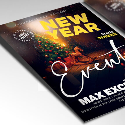 A customizable party flyer designed for a major New Year's Eve event, showcasing celebratory, high-impact typography and a luxurious color palette of gold, silver, and black, perfect for a sophisticated countdown promotion.