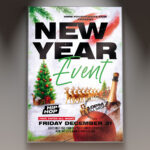 A professional New Year Event Party Flyer PSD Template featuring a glamorous crowd of people dancing with a cascade of confetti and sparkling lights in the background, conveying a high-energy and exciting New Year's Eve celebration.