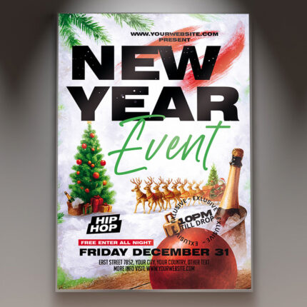 A professional New Year Event Party Flyer PSD Template featuring a glamorous crowd of people dancing with a cascade of confetti and sparkling lights in the background, conveying a high-energy and exciting New Year's Eve celebration.