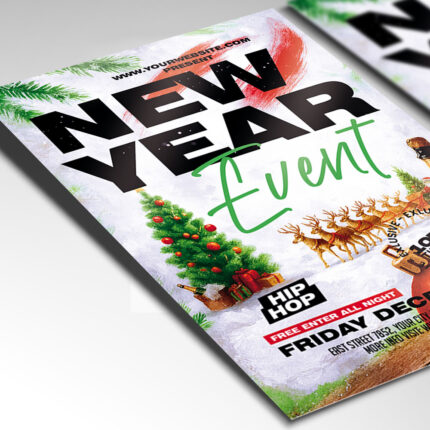 A customizable event flyer designed for a major New Year's Eve party, showcasing bold, celebratory typography and a luxurious color palette of gold, silver, and black, perfect for a sophisticated and high-impact promotion.