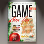 A professional New Year Game Flyer PSD Template featuring a dynamic scene with neon glowing game controllers or arcade elements against a dark, futuristic background, conveying a high-energy gaming event for the new year.