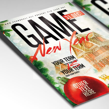 A customizable party flyer designed for a major New Year's gaming event, showcasing bold, aggressive, and digital-style typography and an electric color palette of blue, green, and black, perfect for a competitive or arcade promotion.