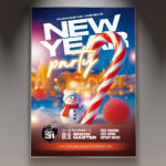 A professional New Year Party 2026 Flyer PSD Template featuring an energetic scene with shimmering gold/silver confetti, party horns, and the bold year '2026', conveying a dynamic NYE celebration.