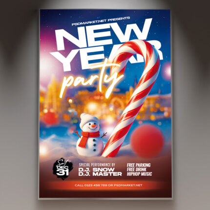 A professional New Year Party 2026 Flyer PSD Template featuring an energetic scene with shimmering gold/silver confetti, party horns, and the bold year '2026', conveying a dynamic NYE celebration.