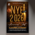 A professional NYE 2026 Fest Flyer PSD Template featuring a grand, dynamic scene with fireworks, an illuminated stage, and the bold year '2026', conveying a large-scale New Year's Eve festival.