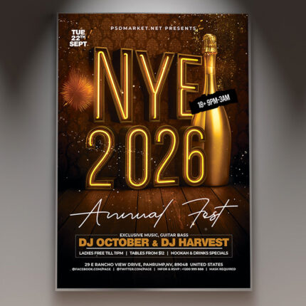 A professional NYE 2026 Fest Flyer PSD Template featuring a grand, dynamic scene with fireworks, an illuminated stage, and the bold year '2026', conveying a large-scale New Year's Eve festival.
