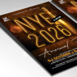 A customizable festival flyer designed for an NYE 2026 event, showcasing aggressive, high-energy typography and a high-contrast color palette with neon and metallic accents, perfect for a major music and countdown event.