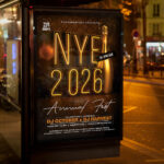 An inviting and attention-grabbing invitation template, ready for personalization for an "NYE 2026 Fest," promising an unforgettable, multi-stage, high-octane celebration to welcome the year 2026.