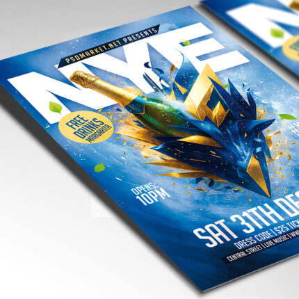 A customizable party flyer designed for a New Year's Eve 2026 event, showcasing clear, celebratory typography and a glamorous color palette of gold, silver, and deep black, perfect for a high-quality seasonal promotion.