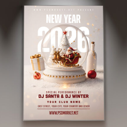 A professional NYE 2026 Party Flyer PSD Template featuring a vibrant, celebratory scene with confetti, bright lights, and the bold year '2026', conveying a high-energy New Year's Eve bash.