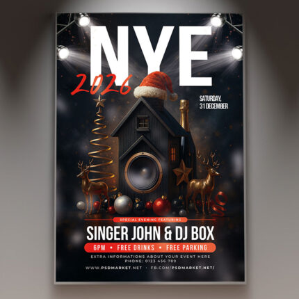 A professional NYE Club 2026 Flyer PSD Template featuring a dynamic club scene with laser lights, a dance floor crowd, and the bold year '2026', conveying a high-energy New Year's Eve party.