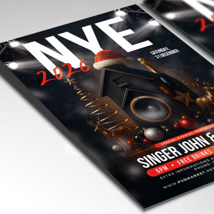 A customizable club event flyer designed for a New Year's Eve 2026 countdown, showcasing aggressive, glowing typography and an electric color palette of neon blue, black, and silver, perfect for a modern nightlife promotion.