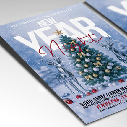 A customizable event flyer designed for an NYE celebration, showcasing elegant, festive typography and a color palette of metallic gold, black, and silver, perfect for a high-end seasonal promotion.