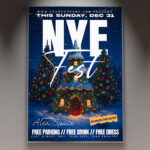 A professional NYE Fest Flyer PSD Template featuring a grand, dynamic scene with fireworks, an illuminated stage, and a massive crowd silhouette, conveying a large-scale New Year's Eve festival.