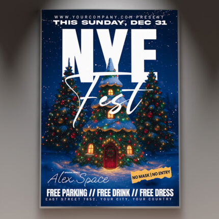 A professional NYE Fest Flyer PSD Template featuring a grand, dynamic scene with fireworks, an illuminated stage, and a massive crowd silhouette, conveying a large-scale New Year's Eve festival.