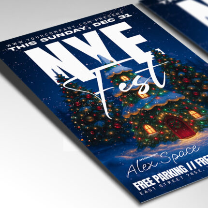 A customizable festival flyer designed for an NYE event, showcasing bold, aggressive, high-energy typography and a high-contrast color palette with neon and metallic accents, perfect for a major music and countdown event.