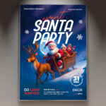A professional Santa Party Flyer PSD Template featuring a dynamic, fun scene with Santa Claus imagery, snow effects, and bright holiday lights, conveying a high-energy festive party.