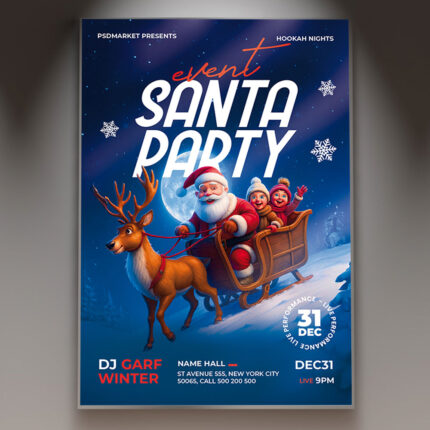A professional Santa Party Flyer PSD Template featuring a dynamic, fun scene with Santa Claus imagery, snow effects, and bright holiday lights, conveying a high-energy festive party.