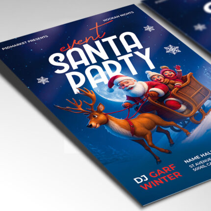 A customizable party flyer designed for a Santa-themed event, showcasing bold, cheerful typography and a color palette of bright red, white, and green, perfect for a high-impact seasonal promotion.
