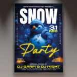 A professional Snow Party Flyer PSD Template featuring dynamic club lighting and falling snowflakes against an icy blue and white background, conveying a high-energy winter-themed dance event.