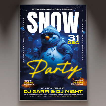 A professional Snow Party Flyer PSD Template featuring dynamic club lighting and falling snowflakes against an icy blue and white background, conveying a high-energy winter-themed dance event.