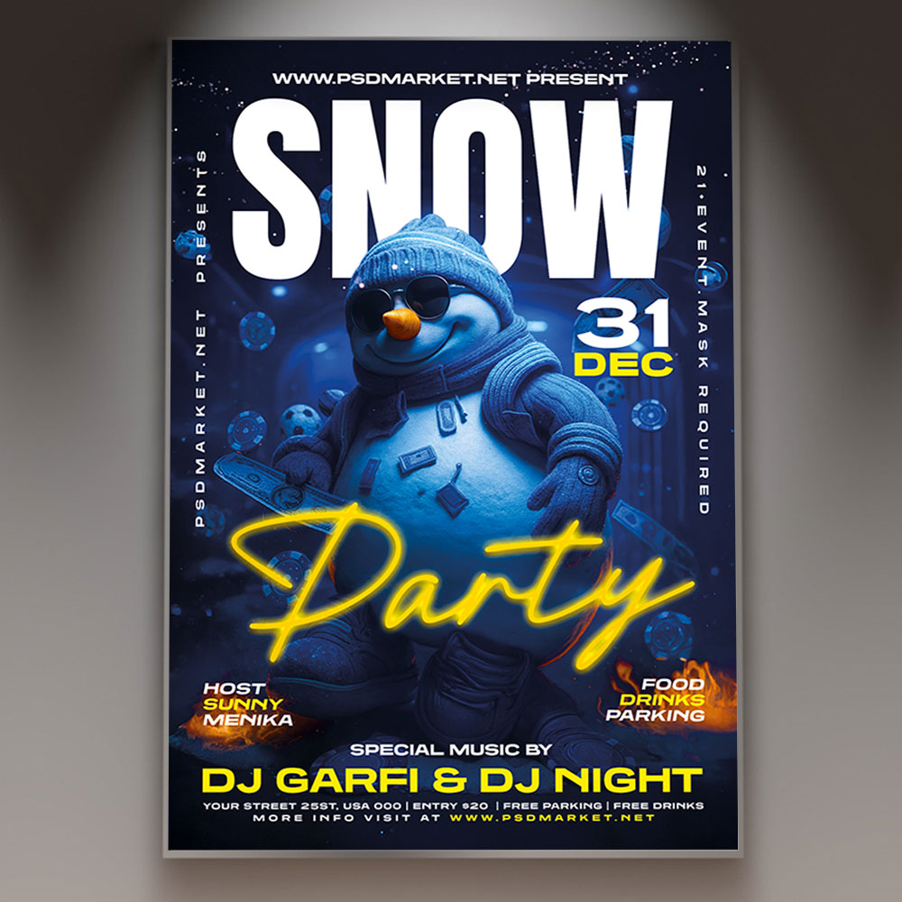 snow-party-flyer-psd-template-1 A professional Snow Party Flyer PSD Template featuring dynamic club lighting and falling snowflakes against an icy blue and white background, conveying a high-energy winter-themed dance event.