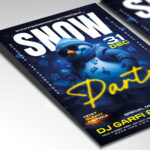 A customizable party flyer designed for a winter bash, showcasing bold, stylized typography with frosty effects and a cool color palette of electric blues and silver, perfect for a seasonal nightlife promotion.