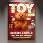 A professional Toy Drive 2026 Flyer PSD Template featuring a pile of cheerful, wrapped Christmas gifts and children's toys against a snowy background, conveying a heartwarming charity event for the holiday season.