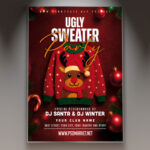 A professional Ugly Sweater 2026 Flyer PSD Template featuring a collage of intentionally tacky Christmas sweater patterns and elements like blinking lights, with the year '2026' boldly emphasized, conveying a fun and festive holiday party.