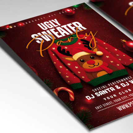 A customizable party flyer designed for a major Ugly Sweater 2026 celebration, showcasing playful, comical typography and a vibrant color palette of clashing reds, greens, and bright accents, perfect for a humorous seasonal promotion.