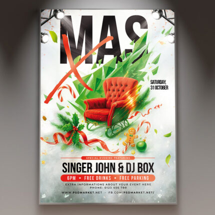 A professional X-Mas Club 2026 Flyer PSD Template featuring a dynamic club scene with pulsating lights, deep colors, and modern stylized holiday accents, conveying a high-energy Christmas dance event.