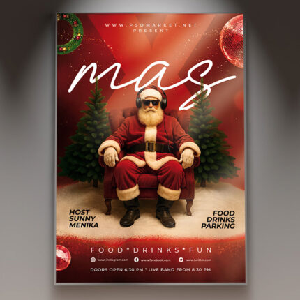 A professional X-Mas Event Flyer PSD Template featuring an elegant design with sparkling gold accents and festive lighting, conveying a sophisticated and high-quality Christmas event atmosphere.