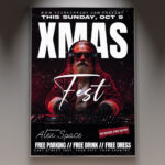 A professional X-Mas Fest Flyer PSD Template featuring a dynamic scene with a large crowd or a stage setting decorated with holiday lights and snow effects, conveying a massive Christmas festival atmosphere.