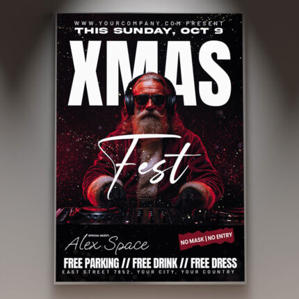 A professional X-Mas Fest Flyer PSD Template featuring a dynamic scene with a large crowd or a stage setting decorated with holiday lights and snow effects, conveying a massive Christmas festival atmosphere.
