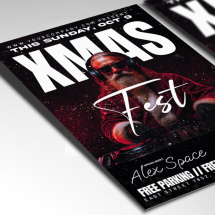 A customizable event flyer designed for a large-scale Christmas celebration, showcasing bold, multi-layered typography and a vibrant color palette that includes traditional reds and greens with added high-energy club lighting effects, perfect for a grand festive promotion.
