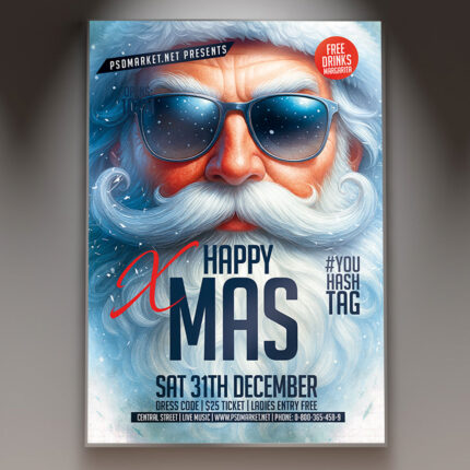 A professional X-Mas Flyer PSD Template featuring a warm, festive scene with glittering lights, pine branches, and traditional ornaments, conveying a cozy holiday celebration.