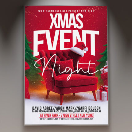 A professional X-Mas Flyer PSD Template featuring a classic, elegant Christmas design with decorative elements like sparkling ornaments and holly, conveying a timeless, festive holiday atmosphere suitable for any year.