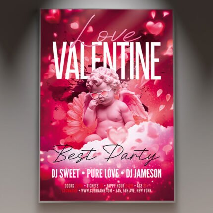 A professional Best Cupid 2026 Flyer PSD Template featuring a 3D golden Cupid statue, luxury red velvet textures, and elegant 2026 branding.
