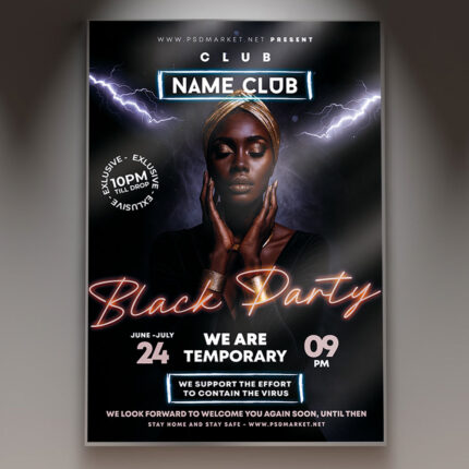 A professional Black Party 2027 Flyer Template featuring a dominant black design with sleek lines, metallic gold/silver accents, and the bold year '2027', conveying an exclusive, futuristic, high-end event.