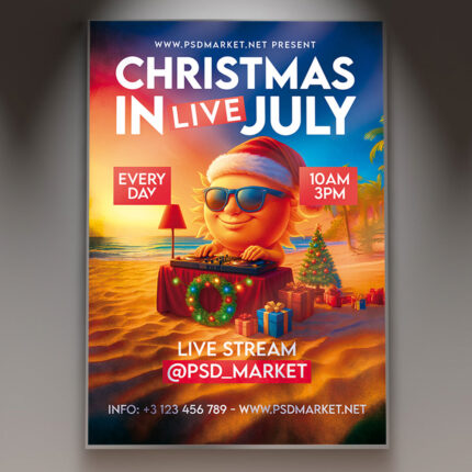 A professional Christmas in July 2027 Flyer Template featuring a playful fusion of winter snow/gifts and summer beach/sun elements, with the bold year '2027', conveying a unique themed party.