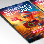 A customizable flyer designed for a summer holiday event, showcasing creative, high-contrast typography and a color palette blending traditional red/green with vibrant blue/yellow, perfect for a novelty promotion.