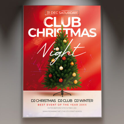 A professional Club Christmas Night Flyer PSD Template featuring a dynamic scene with pulsating club lighting, festive decorations, and energetic typography, conveying a high-energy Christmas nightlife party.