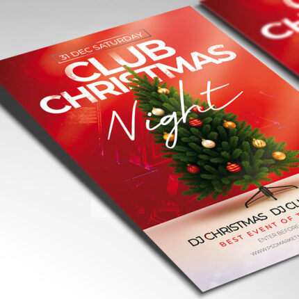 A customizable club flyer designed for a Christmas event, showcasing bold, glowing text and a color palette blending classic red/green with modern neon accents, perfect for a high-impact seasonal club promotion.