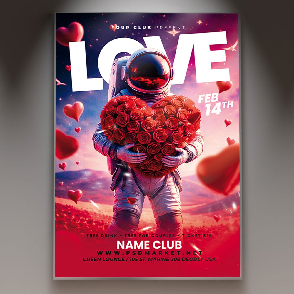 cosmic_cupid_2026_flyer_psd_template_1 A professional Cosmic Cupid 2026 Flyer PSD Template featuring a neon Cupid with a bow set against a stunning 3D galaxy and nebula background.