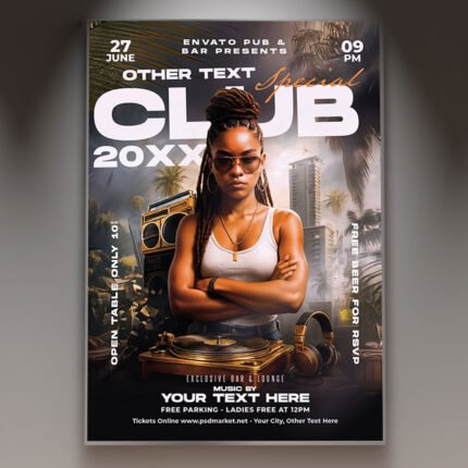 A professional DJ Night Flyer Special Template featuring intense blue and pink light beams, dynamic sound wave effects, and bold typography, conveying a major high-energy club music event.