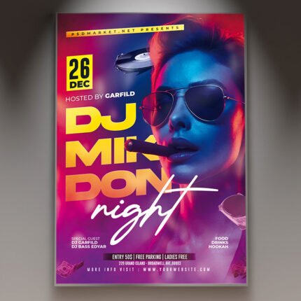 A professional DJ Special 2026 Flyer Template featuring dynamic club lights, sound wave graphics, and aggressive typography with the year '2026', conveying a major electronic music event.